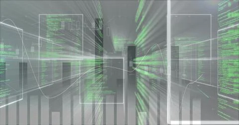 Displaying abstract virtual dashboard showing HUD panels, bars, candles, white Foto stock