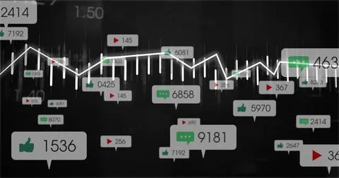 Displaying abstract visualization in dark dashboard, with white line graph and Stock Illustration