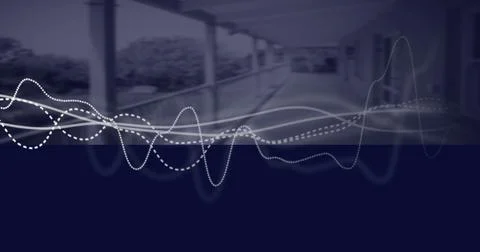 Displaying abstract white waveforms overlaying balcony, with support columns and Stock Photos