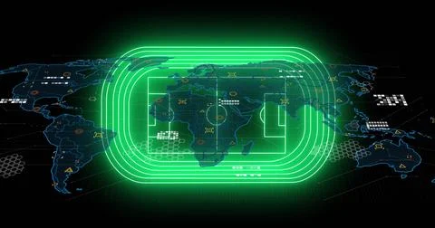 Displaying abstract world map and neon green soccer pitch overlay on dashboard, Stockfoto's