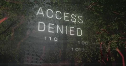 Displaying 'ACCESS DENIED' text overlaying dense forest, with binary code and Stockfoto's