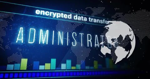 Displaying ADMINISTRA text with globe on cyber dashboard, showing encrypted Stock Photos