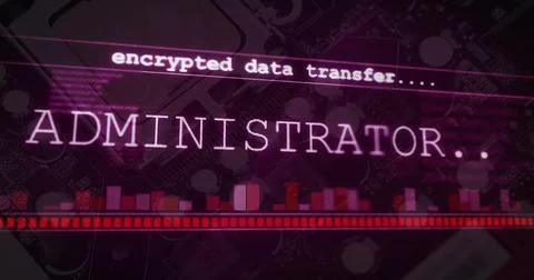 Displaying ADMINISTRATOR and encrypted data transfer text on circuit board, Stock Photos
