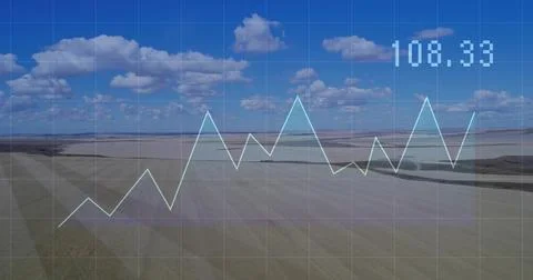 Displaying aerial farmland patchwork under partly cloudy sky with line graph Fotos de archivo