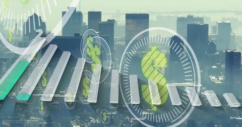 Displaying aerial financial data hovering over skyline, with gridlines, 3D bars Fotos Stock
