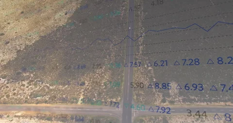 Displaying aerial T?intersection road network cutting arid scrubland with data Stock Footage 307429964