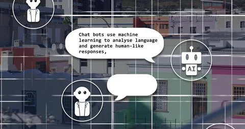 Displaying AI avatars with white jackets communicating on city roof, with speech Stock Illustration