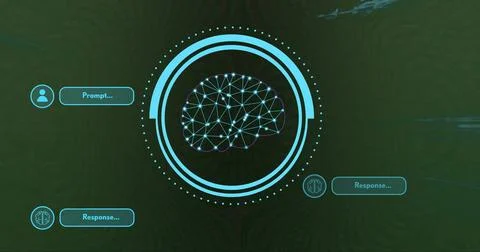 Displaying AI brain pulsing inside neon cyan rings on green UI, with Prompt and Foto stock