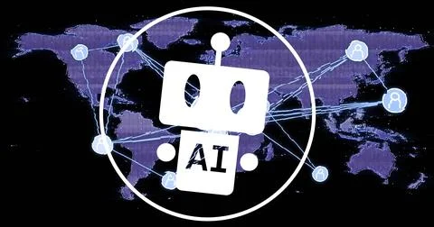 Displaying AI white robot inside white circle over purple map, linking glowing Illustrazione stock