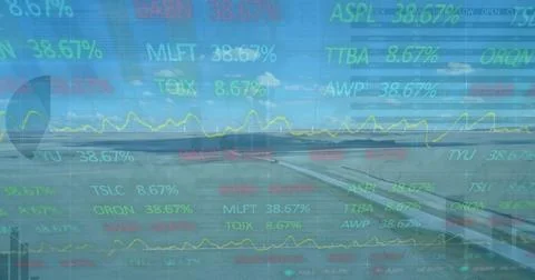 Displaying airplane wing through window above runway, showing yellow line graph Stock Photos