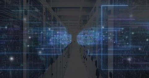 Displaying aisle between server racks in data center, with cable panels, LEDs, Stock Photos