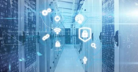 Displaying aisle of server racks with data lights in data center corridor with 스톡 사진