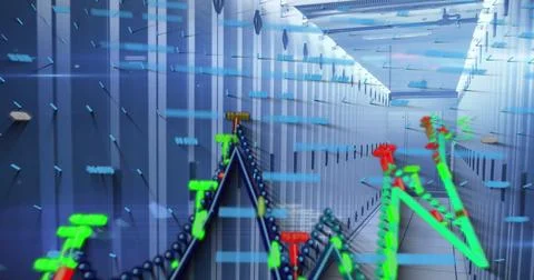 Displaying aisle of server racks with LEDs at data center, digital metrics Stock Illustration