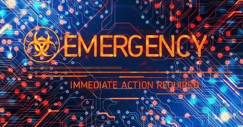 Displaying alert featuring orange biohazard symbol and EMERGENCY text on screen Stock Illustration