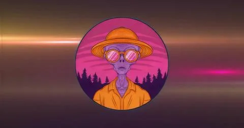 Displaying alien figure wearing straw hat inside circular frame, with pine tr Stock Illustration