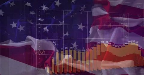 Displaying American flag backdrop in digital environment, showing financial c Stock Illustration