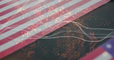 Displaying American flag featuring digital circuit pattern in composite, with Foto stock