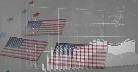 Displaying American flag-patterned bar charts in digital space, with wireframe Stock Photos