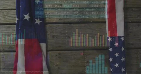 Displaying American flag sections draping over wooden planks, overlaying data Fotos Stock