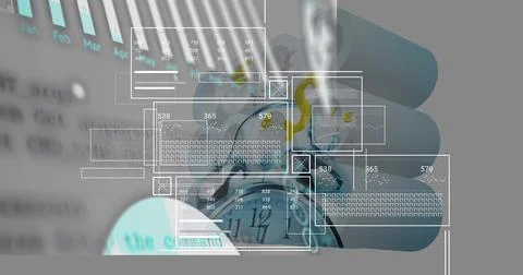 Displaying analog alarm clock and teal capsules in graphic workspace with report Stock Illustration