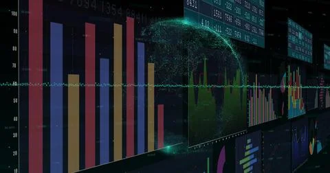 Displaying analytics dashboard in control room, with bar charts, line graphs and Illustrazione stock