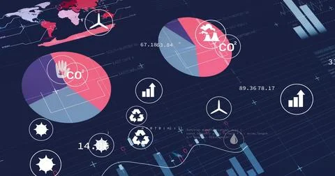 Displaying analytics dashboard on dark grid, with charts, world map and 스톡 일러스트