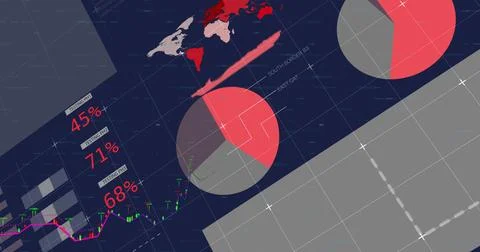 Displaying analytics dashboard on dark navy background, with pie charts, world Stockfoto's