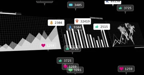 Displaying analytics dashboard in dark UI, with area and bar charts, world map, Stock Photos
