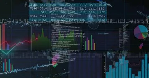 Displaying analytics dashboard in digital workspace, with bar charts and code Foto stock