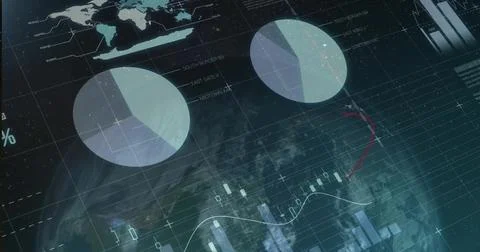 Displaying analytics dashboard featuring pie charts, candlestick bars and wor Stock Illustration
