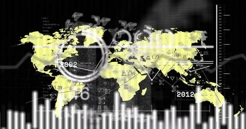 Displaying analytics dashboard featuring yellow world map with circular scan  Stock Illustration