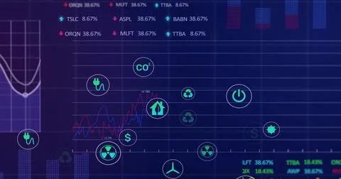 Displaying analytics dashboard with glowing line chart, grid and neon energy  Stock Illustration