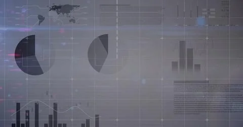 Displaying analytics dashboard on grid, with world map, pie charts, bar, line 스톡 사진