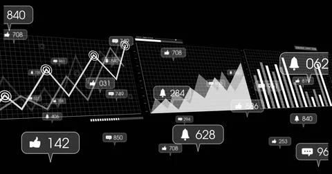 Displaying analytics dashboard interface with line chart nodes bar chart and Stock Illustration