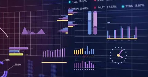 Displaying analytics dashboard onscreen with clustered bars, histogram, 3D Illustrazione stock