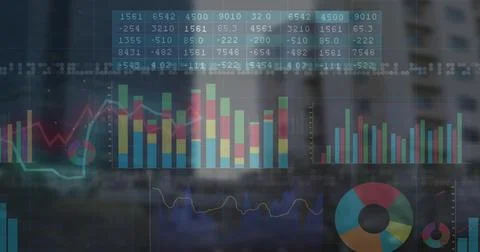 Displaying analytics dashboard overlay on office window with bar charts line イラスト素材