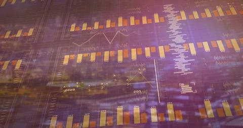 Displaying analytics dashboard panels with vertical bar charts, line graphs, Stock Photos