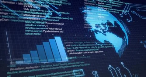 Displaying analytics dashboard projecting data flow on dark grid backdrop, wi Stock Illustration