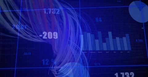 Displaying analytics dashboard on screen with grid lines, bar and pie charts, Ilustración de archivo