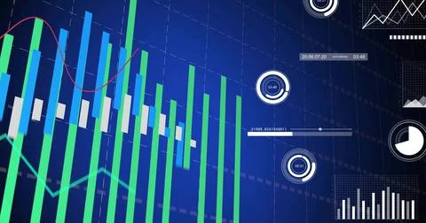 Displaying analytics dashboard showing green-blue bars with aqua, red graphs and Illustrazione stock