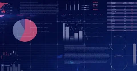 Displaying analytics dashboard showing pie chart and column chart with line o Illustrazione stock