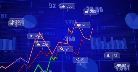 Displaying analytics dashboard at UI, with line graphs, bar charts, pie Illustrazione stock