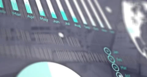 Displaying analytics dashboard UI on screen, showing month bar chart, donut Stock Photos