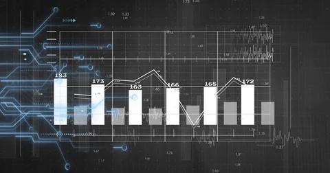 Displaying analytics dashboard at virtual control panel, with bar chart, line 写真素材