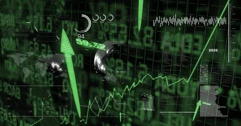 Displaying analytics on globe with green arrow and rising trend lines on digital Stock Illustration