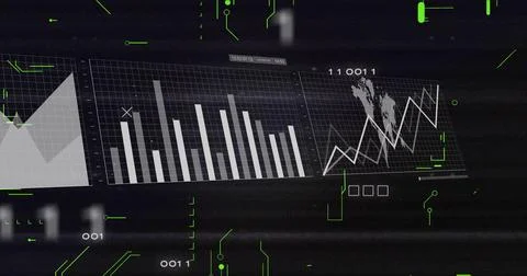 Displaying analytics HUD showing three adjacent charts on dark screen, with n Stock Illustration