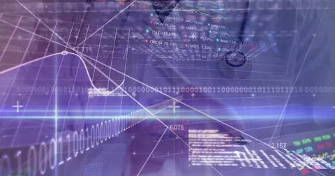 Displaying analytics interface overlaying computer screen, with binary streams Foto stock