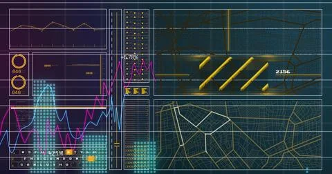 Displaying analytics interface panels on grid backdrop, with line charts and Stock Illustration