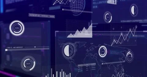 Displaying analytics interface streaming data in digital dashboard, with gauges Fotos de archivo