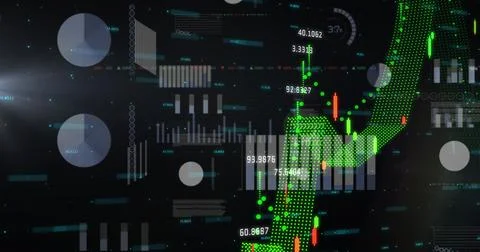 Displaying analytics interface with translucent pie charts, green dotted trend Foto stock